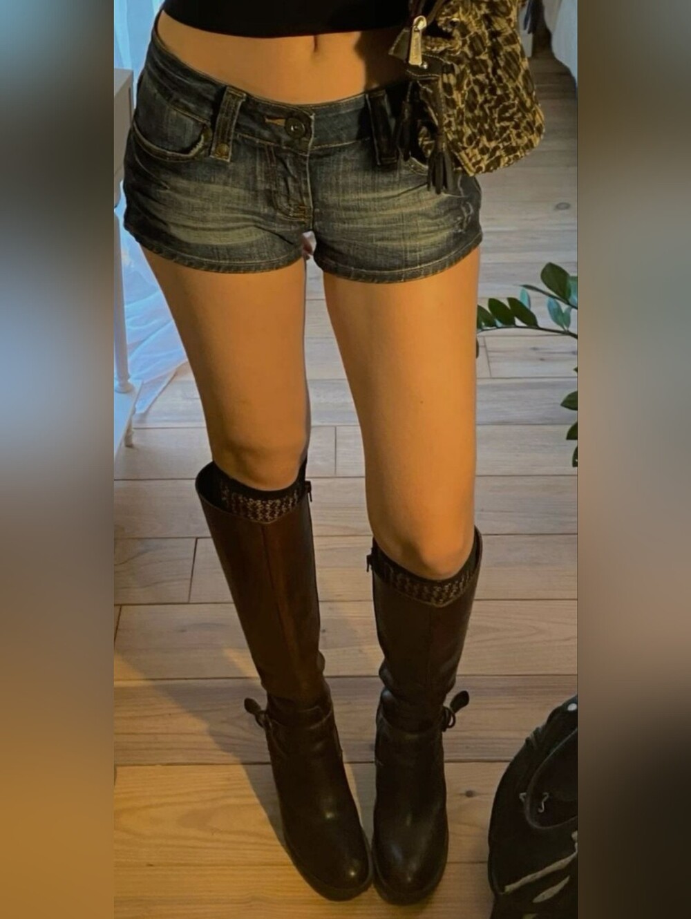 Denim Low-Rise Short Shorts with Dark Brown Knee-High Boots